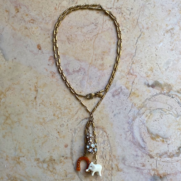 J. Crew Elephant & Horseshoe, Gold Toned Long Necklace